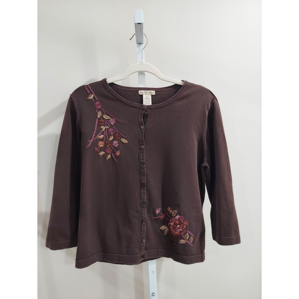 90s Apostrophe Floral Embroidered Cardigan 3/4 Sleeve Large M/L 14-16 Cottage